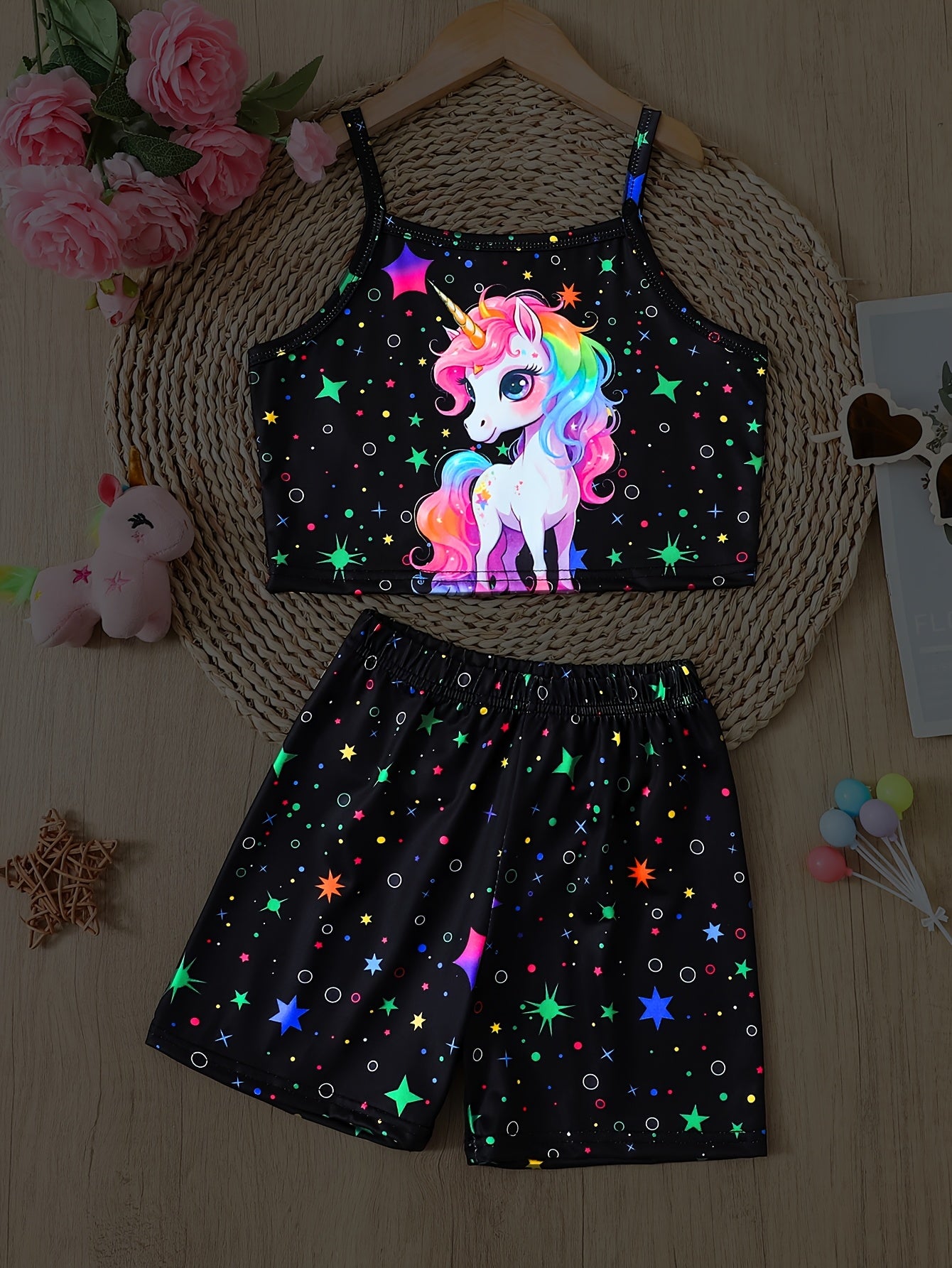 Kids Unicorn Print Tank Top & Star Pattern Shorts Pajama Set