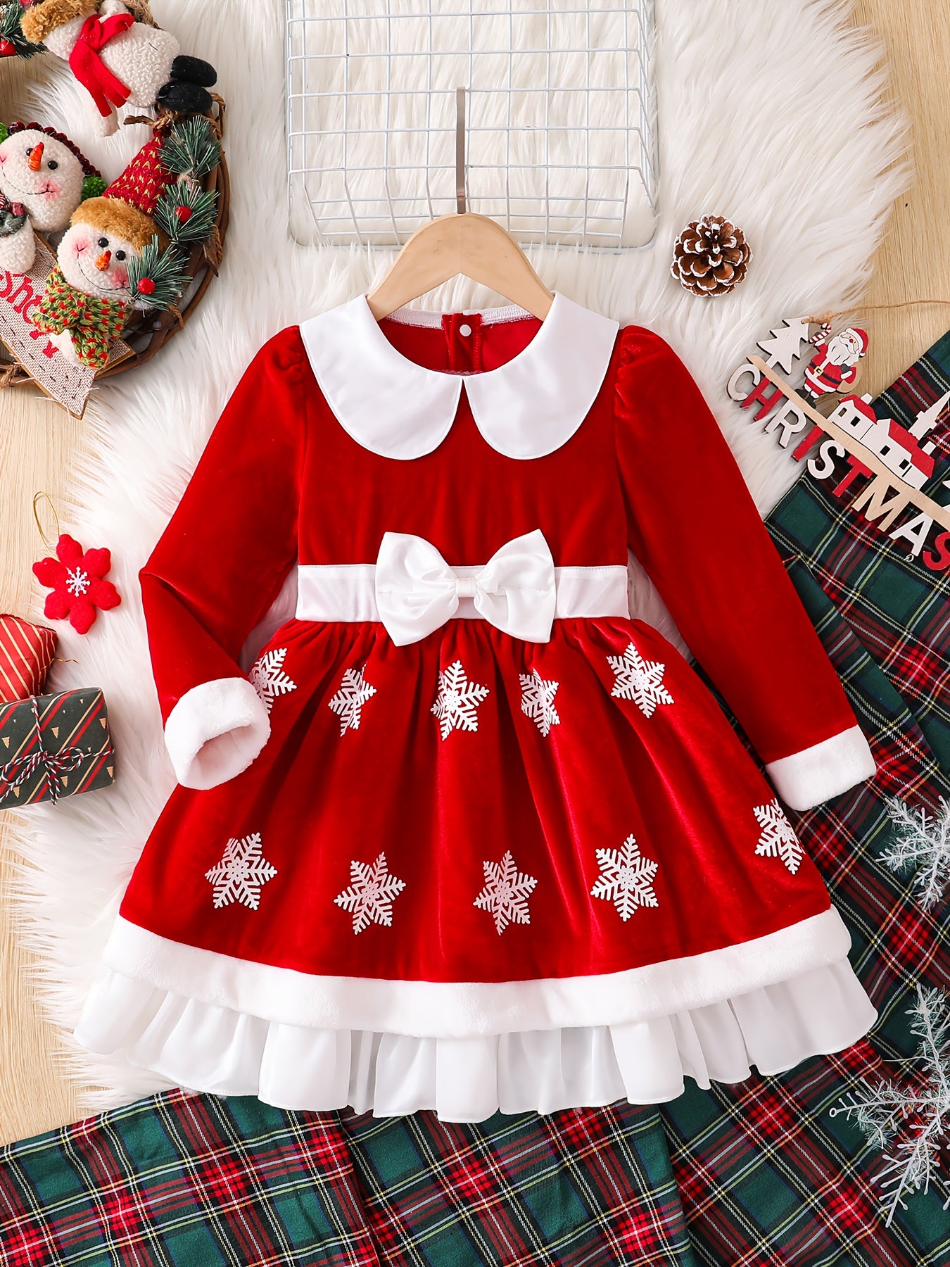 'S Christmas Snowflake Print Dress - Red & White Holiday Party Outfit with Flared Skirt, Long Formal dress for Christmas, New Year's, Winter - Easy-to-Wear Standalone or Layered Look with Coats/B Jackets - Fall/Winter Clothin