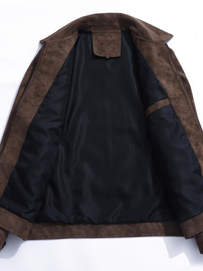 Men's Vintage PU Softshell Jacket with Lapel Collar & Pockets
