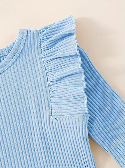 3pcs Baby Girl Outfit Set, Cute Ribbed Ruffle Long Sleeve Romper & Pants, 95% Cotton 5% Spandex, Crew Neck Pullovers, Solid Color, Regular Fit, No Belt, Fall/Winter Knit Fabric, 0-18 Months, for Outdoor
