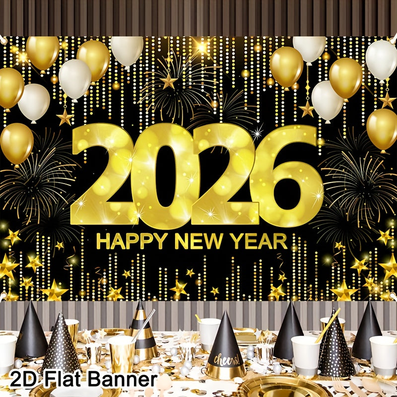 2D Flat, 1pc 2026 Happy New Year Party Backdrop Banner - 80x120cm Polyester Champagne & Cityscape Design, Golden & Purple Fireworks, Festive New Year'S Eve Decor for Home, No Electricity Needed, New Year Decorations, Flag For