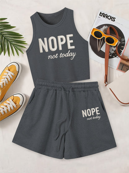 Casual Printed Vest and Shorts Set with Drawstring Pockets