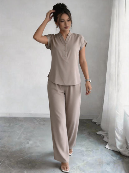 Elegant Women’s Summer Two-Piece Set with Stand Collar Top & Wide-Leg