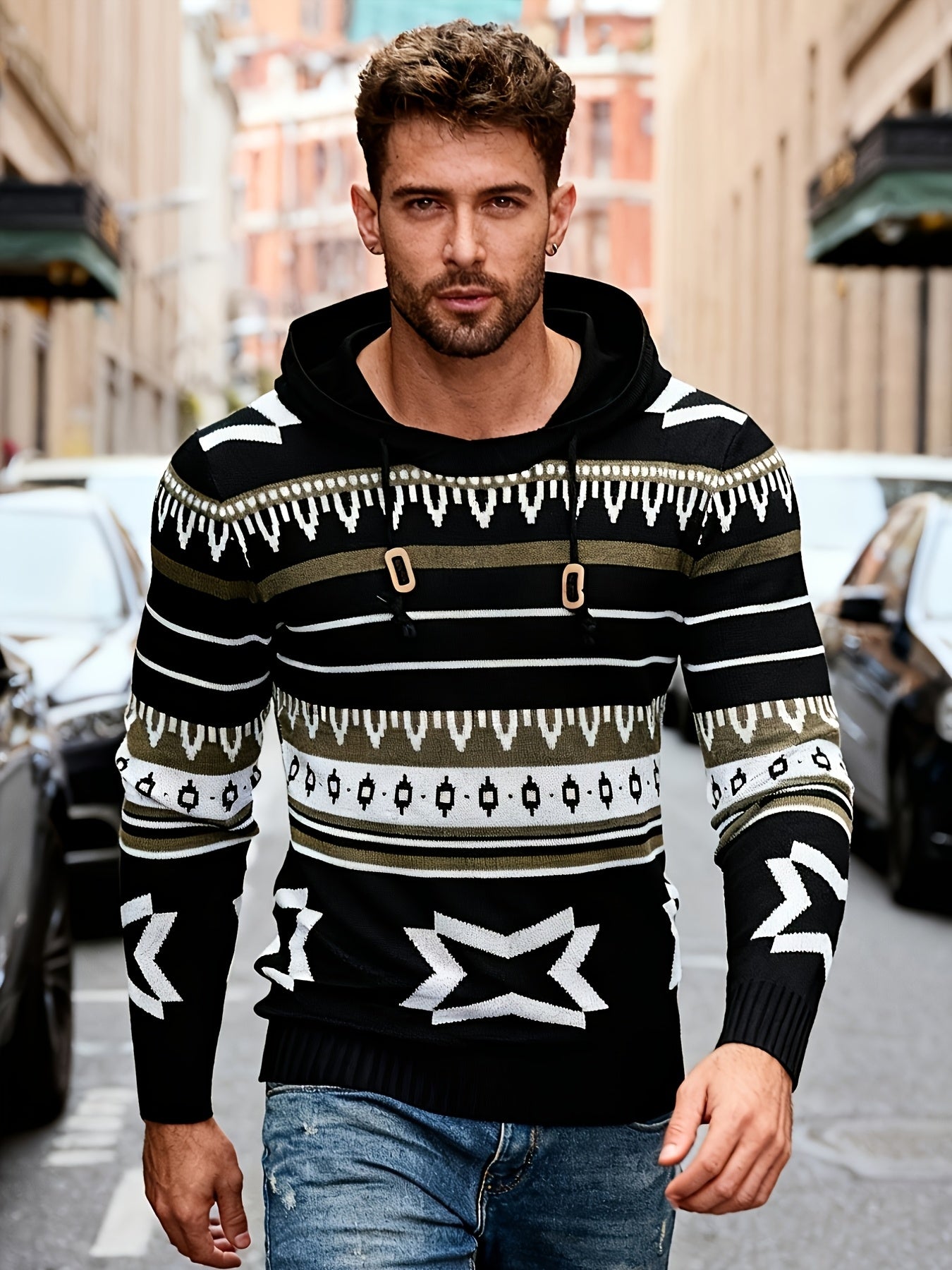 Տղամարդու գլխարկով սվիտեր աշնանային և ձմեռային համար, երկրաչափական տրիկոտաժե նախշերով, փողոցային ոճով և հարմարավետ տրիկոտաժե սվիտերով