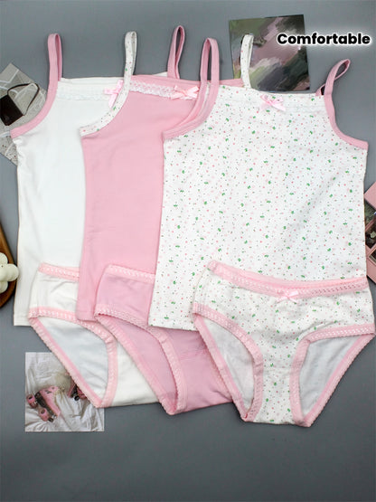 Girls' Cotton Floral Camisole & Briefs Set - Comfortable 3-Pack