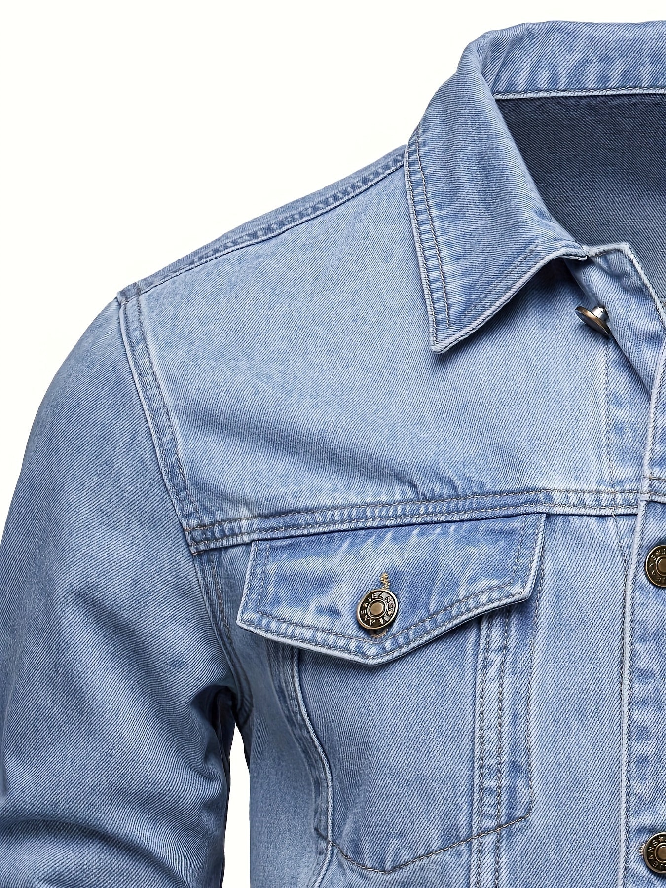 Men's Chic Washed Denim Jacket, Casual Street Style Button Up Contrast Stitching Jacket For Fall Winter