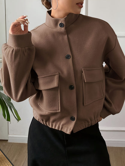 Women'S Elegant Brown Fleece Jacket - Winter Coat with Single-Breasted Button Front, Long Sleeve Tunic Length, Machine Washable & Wrinkle-Resistant, Cozy Outerwear For Fall/winter, Casual To Formal Events, Winter Jacket For W