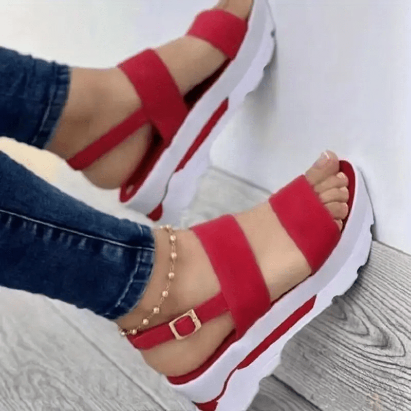 Mhysa Women's Comfortable Open-Toe Platform Sandals with Thick Sole & Golden Buckle Strap - Summer Casual White PU Cover Ankle Strap Sandals for Casual Attire, Ladies Sandals