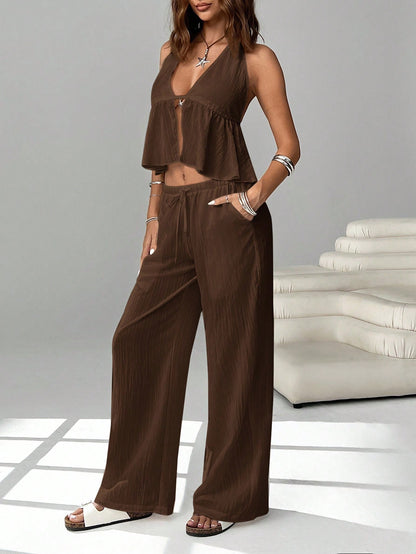 Women's Casual Tie-Up Halter Tank Top & Wide Leg Pants Set