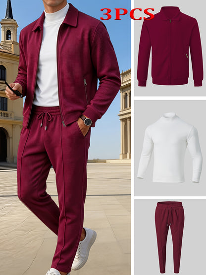 Men's Casual 3-Piece Knit Set with Zipper Jacket & Drawstring Pants