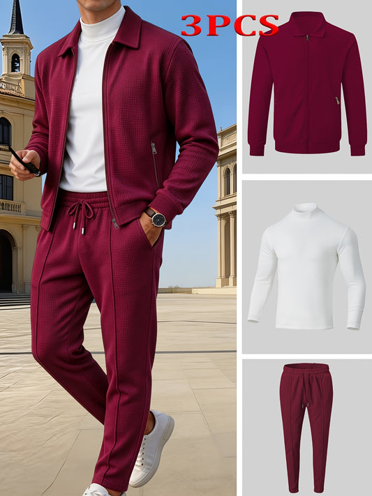 Men's Casual 3-Piece Knit Set with Zipper Jacket & Drawstring Pants