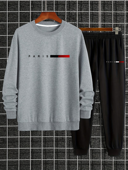 Men's Casual Sports Sweatshirt Set, Loose Fit Pullover Hoodie with Print, Polyester Blend, Round Neck, Stretch Knit, Autumn/Winter Collection