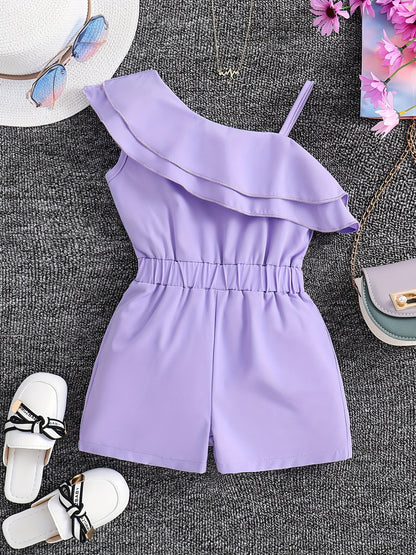 Girls White Rompers One Shoulder Ruffles Jumpsuits Մանկական ամառային հագուստ