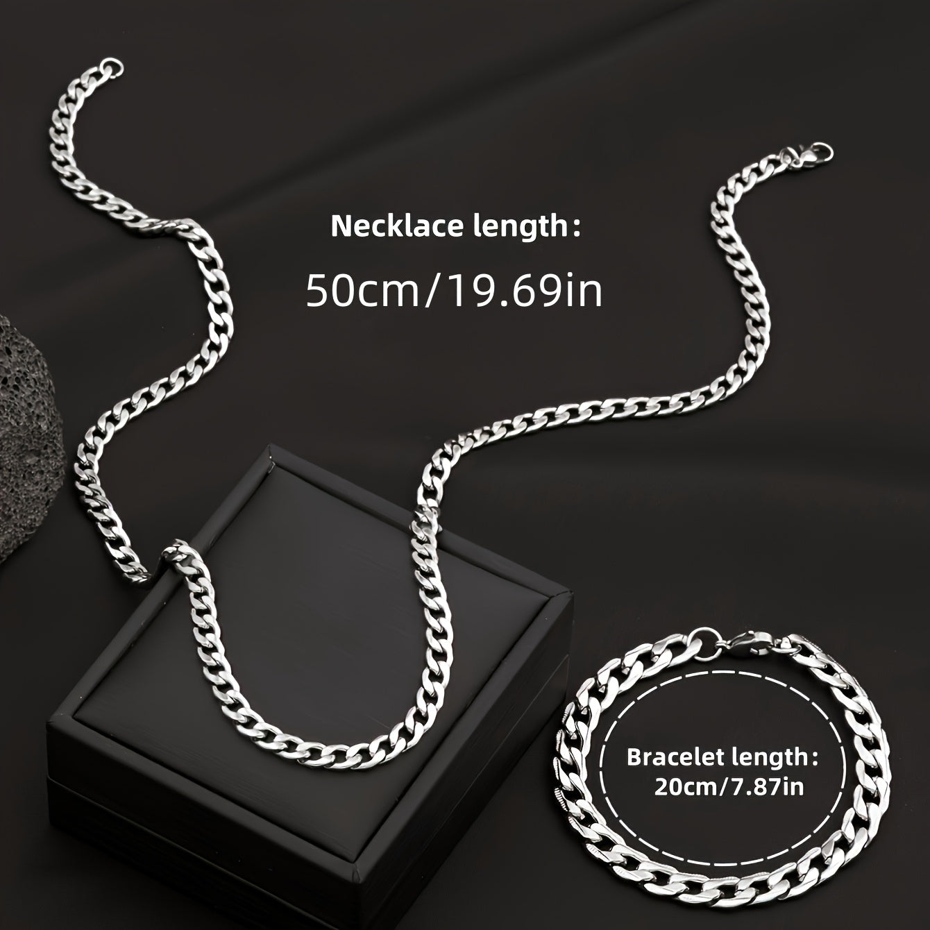 Stainless Steel Men's Jewelry Set, 19.69-inch Cuban Chain, Hip-hop Style Embossed Bracelet, Casual Wear and Holiday Gift - the Perfect Birthday Present