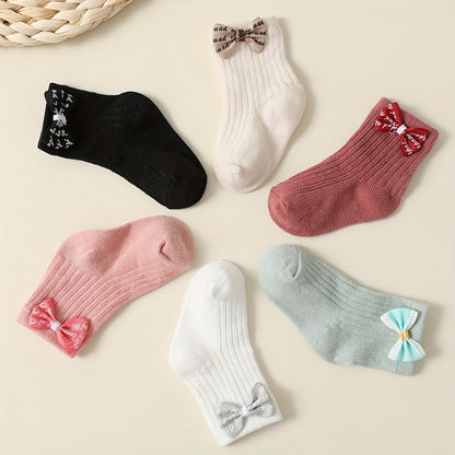 6pcs Princess Bow Ankle Socks for Youngsters and Girls - Cute 3D Bow Decor, Soft Knit, All-Season Wear, Polyester and Elastane Blend, Hand Wash Only, Allseason Footwear|Fashionable Ankle Socks|Polyester Elastane Blend