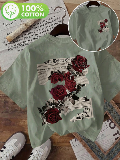 Women's Vintage Double-Sided Print Cotton T-Shirt, Casual Summer Top