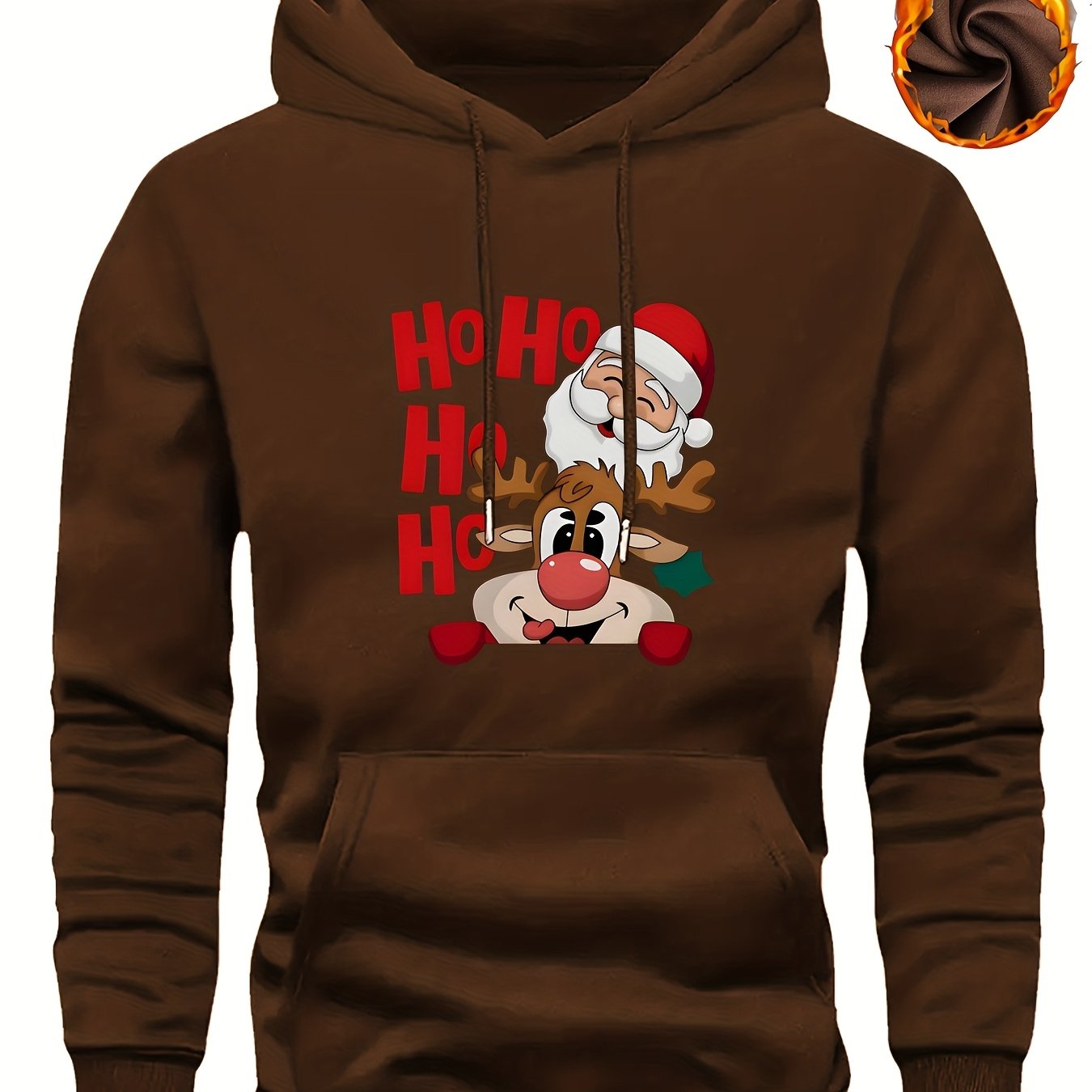 Men's Christmas Hooded Sweatshirt with Rudolph & Santa Print - Thickened Winter Pullover Hoodie, Warm Long Sleeve Casual Sweater for Skiing, Parties, Team Events - Machine Washable (Couple Matching, Unisex Style)