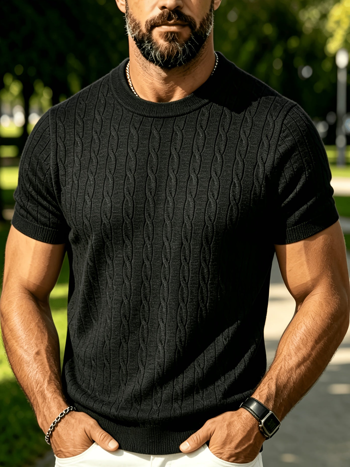 Men's Summer Short Sleeve Knit Sweater Shirt - Vintage Cable Crew Neck