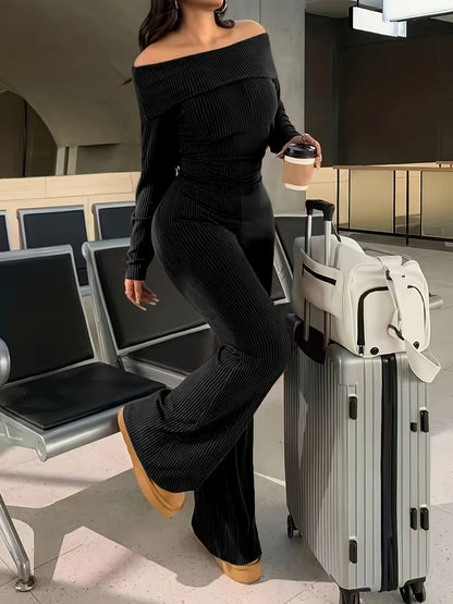 Autumn And Winter Solid Color Two-Piece Set, Sexy Off-The-Shoulder Top + Wide-Leg Flared Pants Suit, Elastic And Soft Ribbed Fabric, Machine Washable