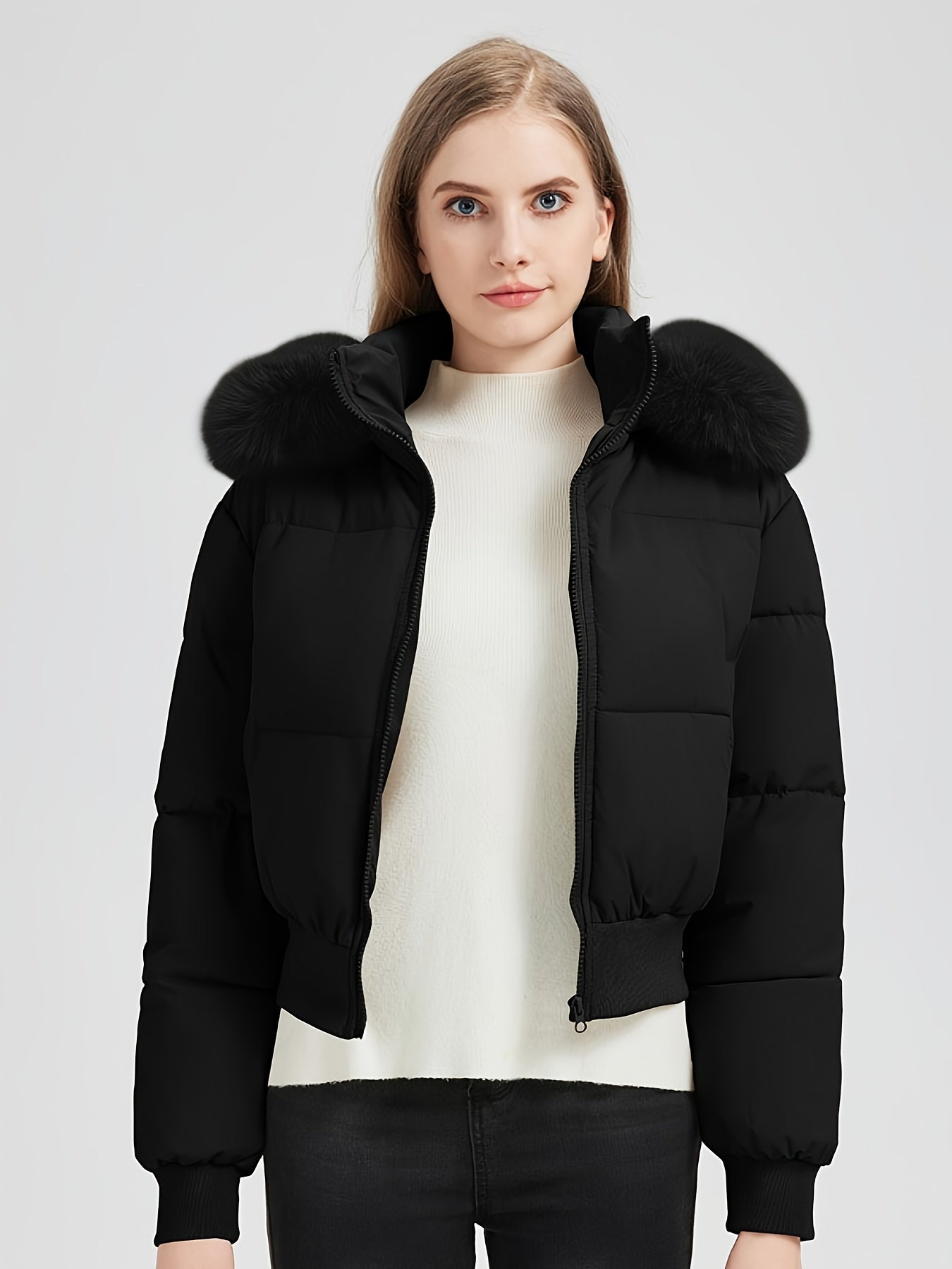 Women'S Winter Jacket - Elegant Short Coat with Detachable Hood, Zippered Pockets, Warm Outerwear for Cold Weather, Office, Parties, Everyday - Chic Winter Clothing for Women, Party Wear, Sleek Design, Cozy Lining, Fashioncon