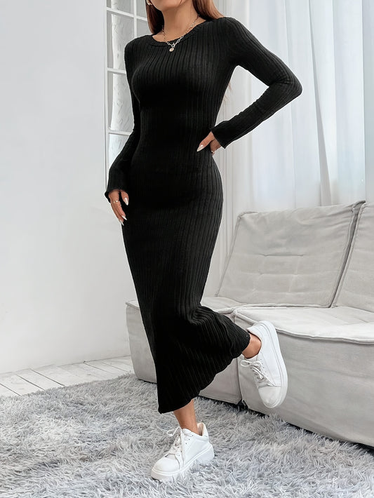 Women's Ribbed Crew Neck Long Sleeve Fitted Dress, Polyester 95% Spandex 5%, Solid Color Knit Fabric, Winter Season Adult Apparel, Ribbed Knit Dress