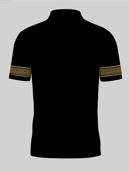 Men's Fashion Stand Collar Zip Short Sleeve Shirt Trendy Geometric Pattern Crown Letter Print Casual T-Shirt||, - ayq