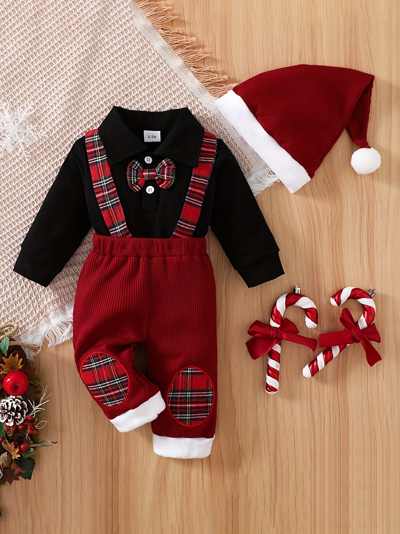 Boys' Turtleneck Long Sleeve Hoodie + Waffle Knit Spliced Suspender Pants + Hat 3pcs Set, Perfect for Outdoor
