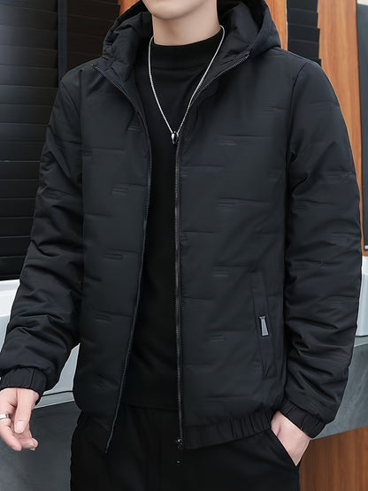 Տղամարդու ձմեռային քամուց պաշտպանող բաճկոն, հաստացված, մեկուսացված, քոլեջի ոճի, գլխարկով վերարկու՝ կայծակաճարմանդով առջևի մասով, գրպաններով և լվացքի մեքենայով լվացվող - Միագույն՝ լեռնագնացության և բացօթյա գործունեության համար