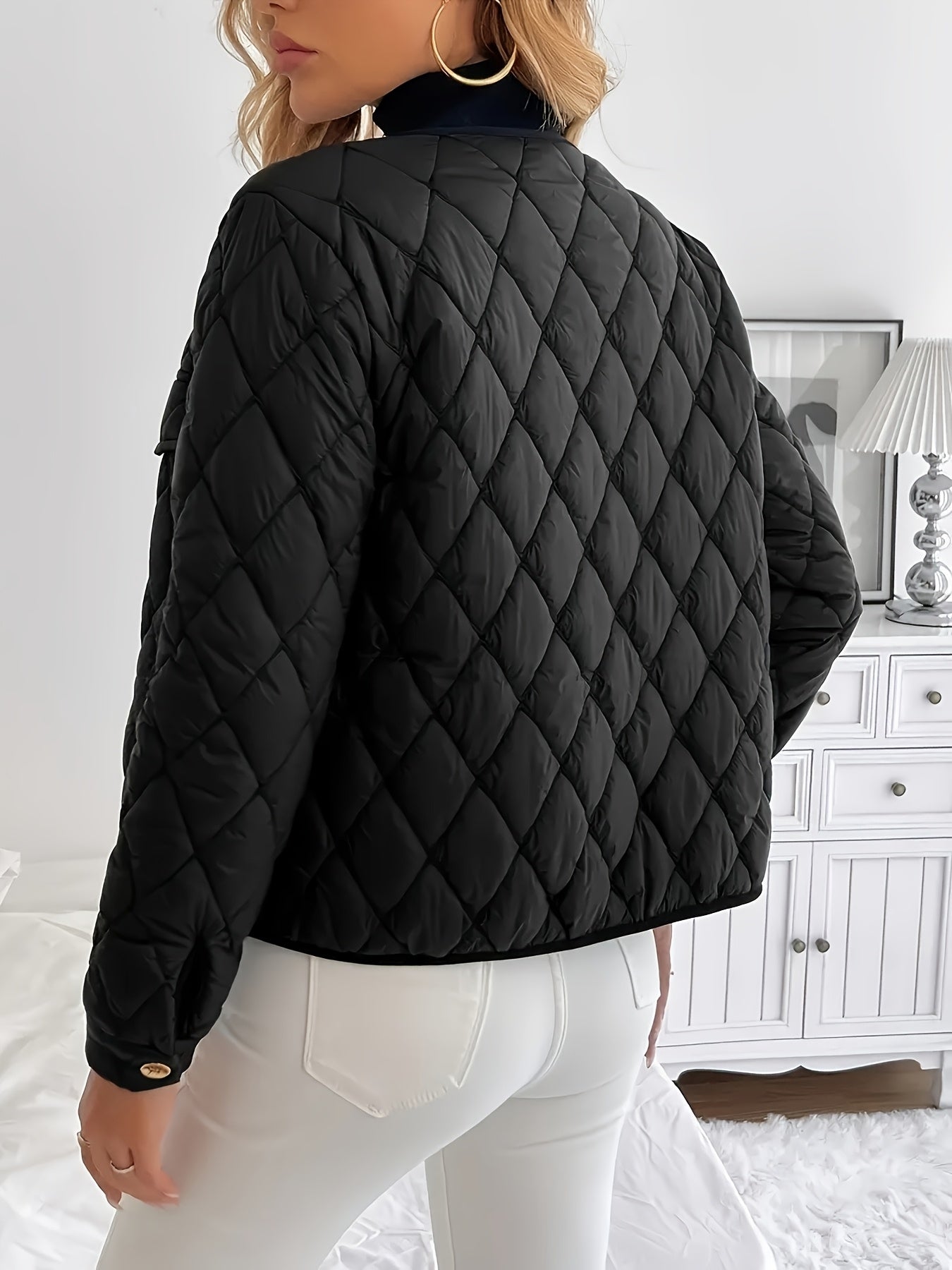 Women'S Quilted Jacket with Golden Buttons - Stylish White Long Sleeve Coat, Casual Fit, Faux Pockets, Perfect for Casual Attire, Casual Wear Jacket | Quilted Jacket | Buttoned Jacket