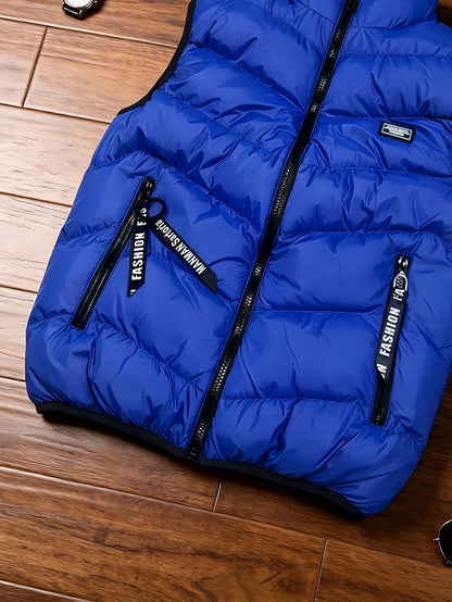 Men's Thickened Polyester Warm Vest with Full-Zip and Stand Collar