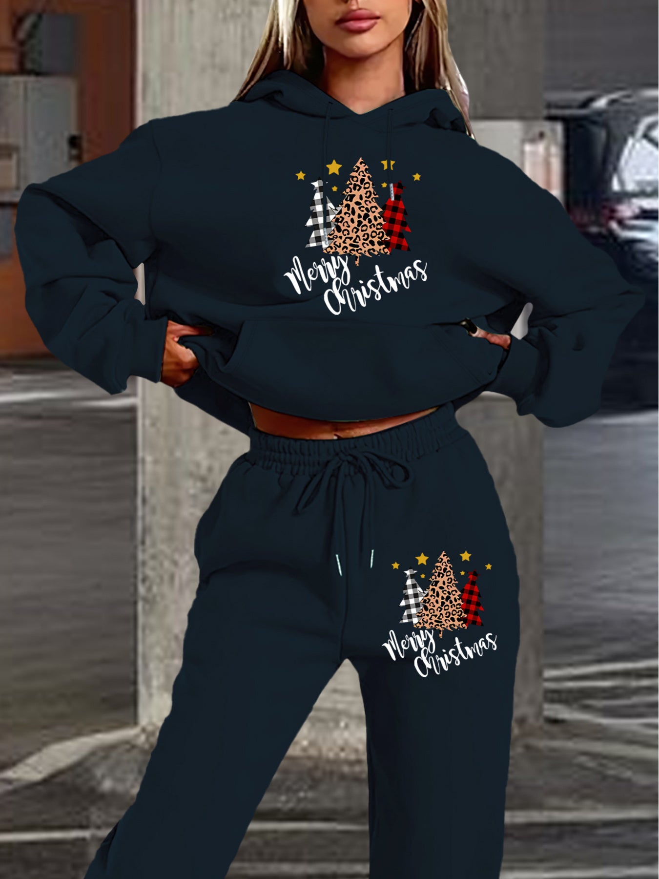 Women'S 2024 New Year Sweatshirt and Pants Set, Hooded Long Sleeve Casual Outfit with Pockets, Polyester Knit Fabric, Geometric Pattern, for Autumn/Winter Season