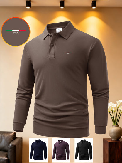 Men's Long Sleeve Polo Shirt with Geometric Print - Comfortable Fit