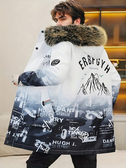 Men's Heavy-Duty Hooded Winter Jacket with Mountain Logo Back Print, Full-Zip Long Coat & Pockets - Large Hood for Extreme Cold, Machine Washable -Filled Outerwear (Casual/Climbing/Skiing) - Black, Winter Boots For Men, Men W