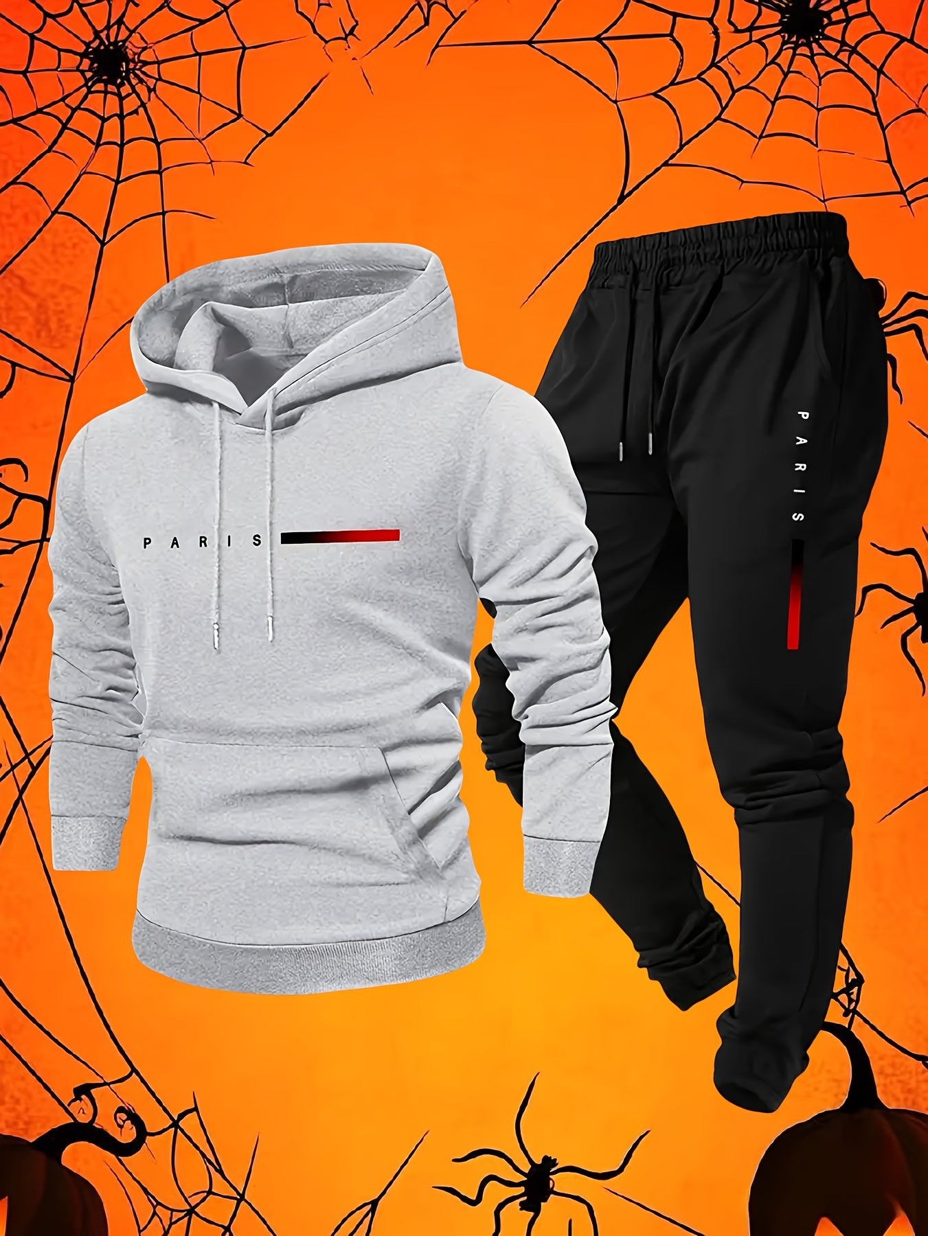 Halloween Men'S Hoodie with PARIS Lettering And Drawstring Sweatpants Set, a Must-Have Outfit for Autumn And Winter, Perfect for Everyday Outdoor Wear - ayq