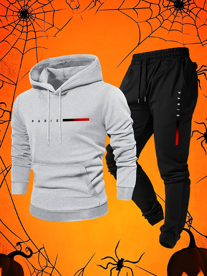 Halloween Men'S Hoodie with PARIS Lettering And Drawstring Sweatpants Set, a Must-Have Outfit for Autumn And Winter, Perfect for Everyday Outdoor Wear - ayq
