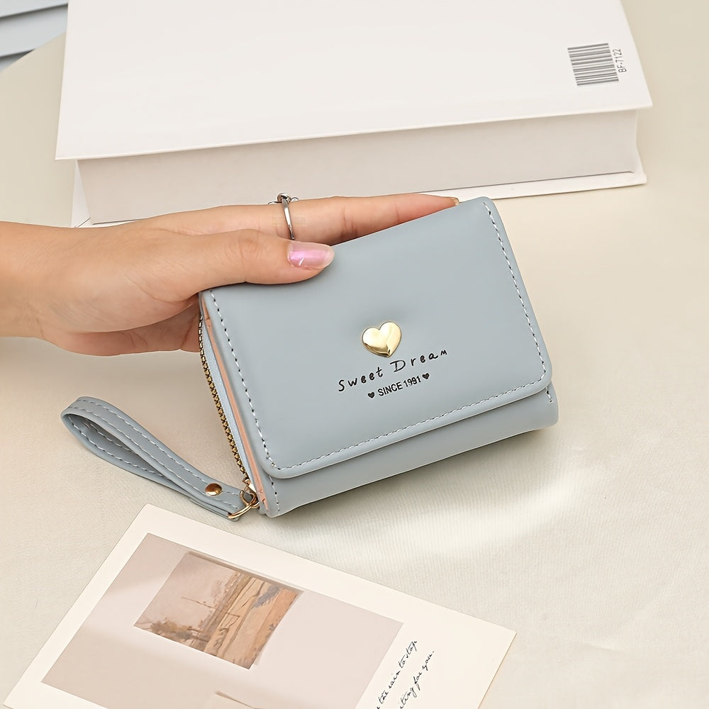 New Women'S Short Wallet, Cute Korean-Style Heart-Shaped, Large Capacity with Multiple Card Slots, Trendy Tri-Fold Design.