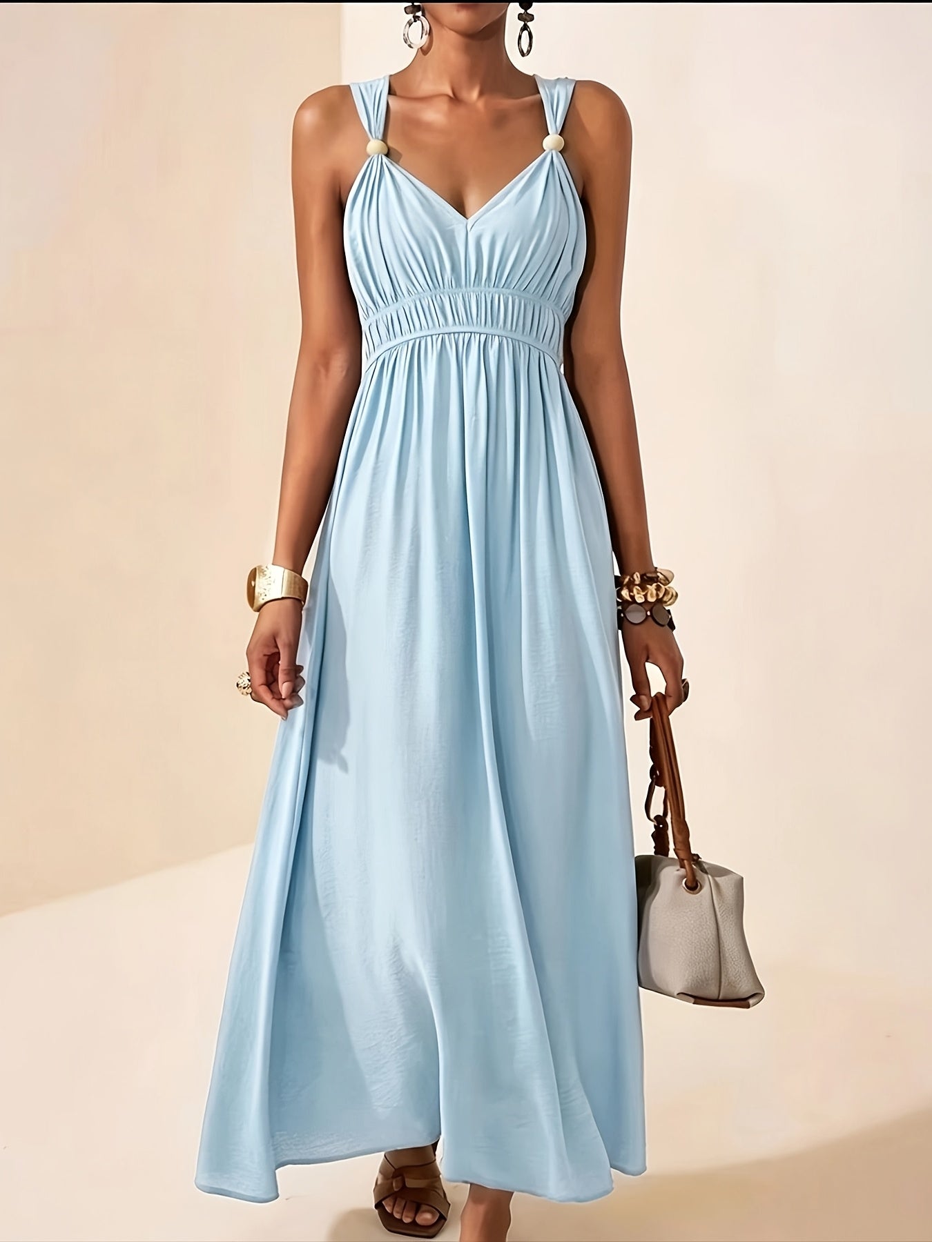 Elegant Summer V-Neck Beaded Sleeveless Waist-Cinching Dress