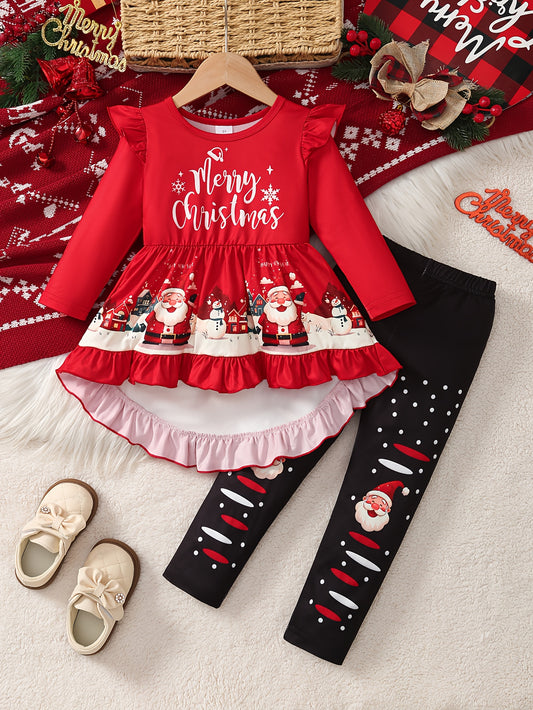 2pcs Girls' Long Sleeve Christmas Santa Claus Letter Print Irregular Skirt + Pants Set, Holiday Outfit, Seasonal Clothing, Festive Design, Elegant Style, Quality Stitching, Comfortable Fit, Twopiece Outfit, Matching Set, Holi