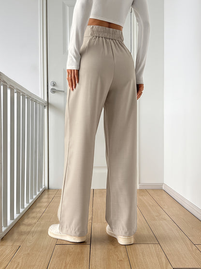 Women's High-Waisted Straight-Leg Pants - Light Beige Casual Polyester Blend with Button Details, Machine Washable, All-Season Comfort for Casual Attire, Cute Pants