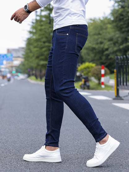 Slim Fit Chic Jeans, Men's Casual Street Style All Match Stretch Denim Pants With Pockets