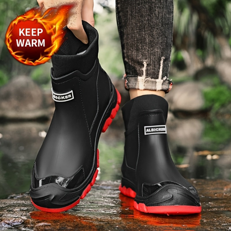 Men's Winter Plush-Lined Short Slip-On Rain Boots, Warm & Durable