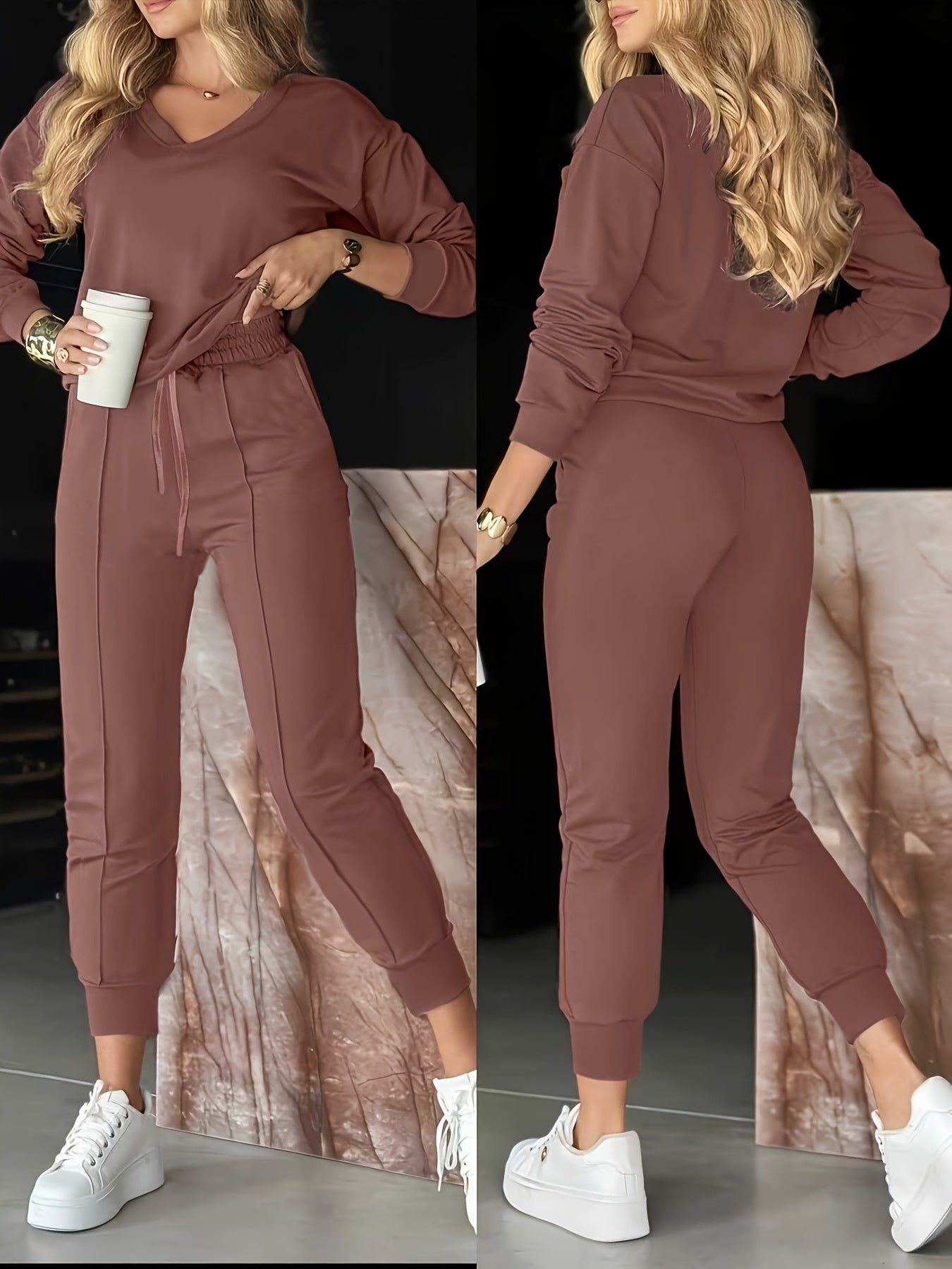 Casual Long Pants And V-Neck Top Women'S Outfit - ayq