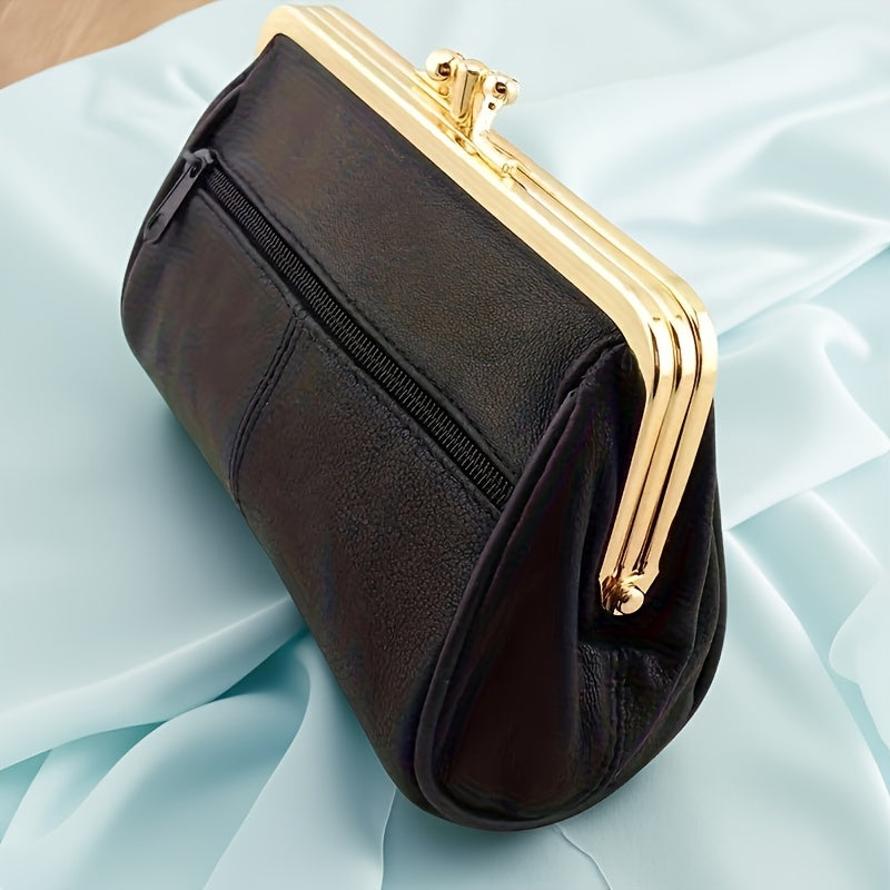 Vintage-Style Genuine Leather Clutch with Golden Metal Frame – Black Mini Wallet for Women, Compact Coin Purse & Key Holder, Elegant Textured Design
