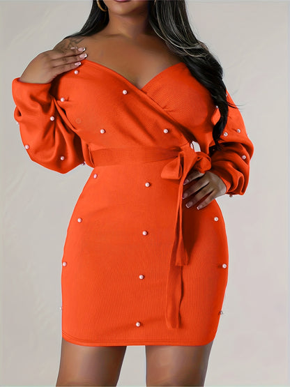 Women'S Clothing: Off-Shoulder Dress with Long Sleeves And Beaded Bodycon Style