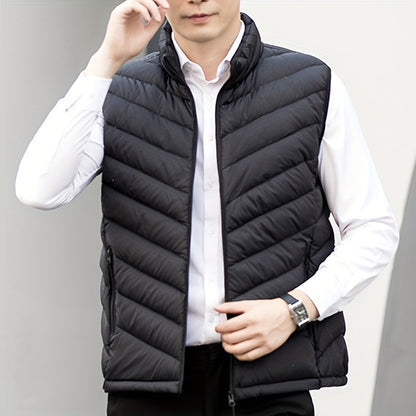Men's Winter Sleeveless Warm Vest Jacket, Casual Fashion Zippered Multi-Pocket Solid Color Stand Collar Black Thermal Gilet for Autumn/Winter Outdoor Leisure Sports Hiking Lightweight Waistcoat Coat