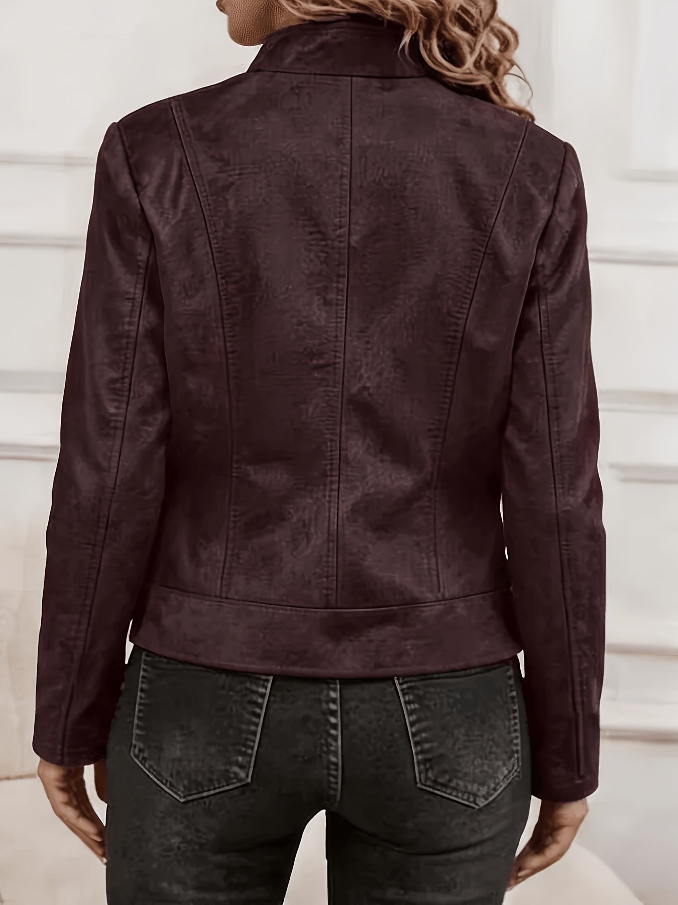 Plus Size Elegant Biker Jacket with Metallic Zipper for Spring/Fall