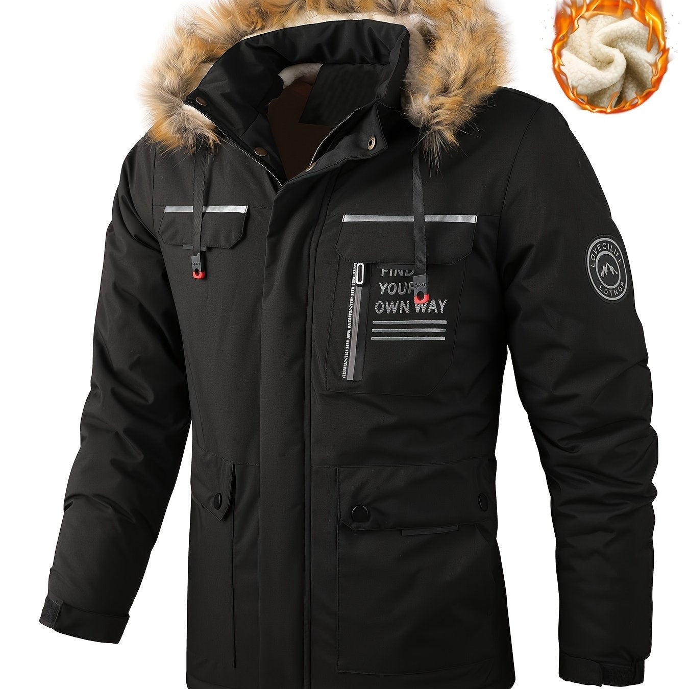 Men'S Heavy-Duty Winter Jacket with Fur-like Hood Collar - Thermal Insulated Cold Weather Coat, Full-Zip Front, Zippered Pockets - Beige/ for Everyday & Formal Outfits - Non-Stretch Outer Shell, Outdoor Outerwear, Casual Styl