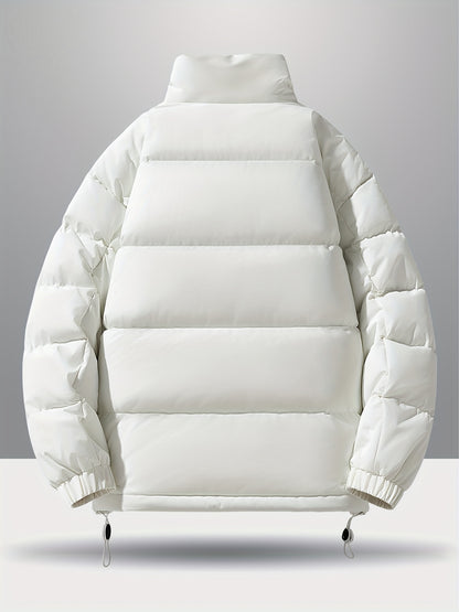 Men'S 2025 New Casual Jacket - Black, Stand Collar, Zip-Up, Long Sleeve, Polyester Filled, Winter Coat with Adjustable Drawstring Hood