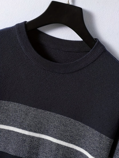 Men's Casual Round Neck Sweater - Two-Tone Color Block, 100% Polyester, Stretch Knit, Long Sleeve - Perfect for Fall/Winter