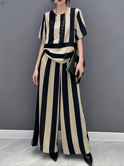 Artistic Irregular Stripe Loose Round Neck Pullover Top with Flared Pants Women's Set